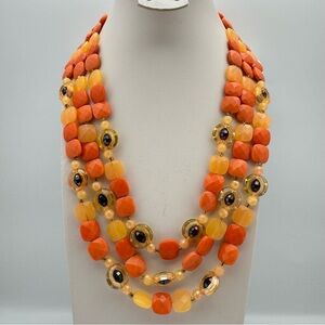 Vintage Honk Kong Multi Strand Orange & Yellow Faceted Bead Statement Necklace